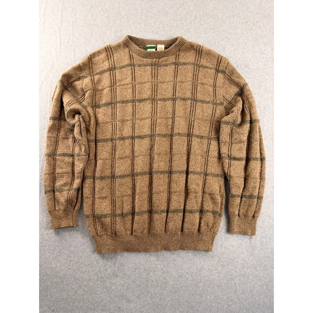 Falls Creek Mens Brown Grid Pattern Crewneck Sweater Medium Made in USA Vintage